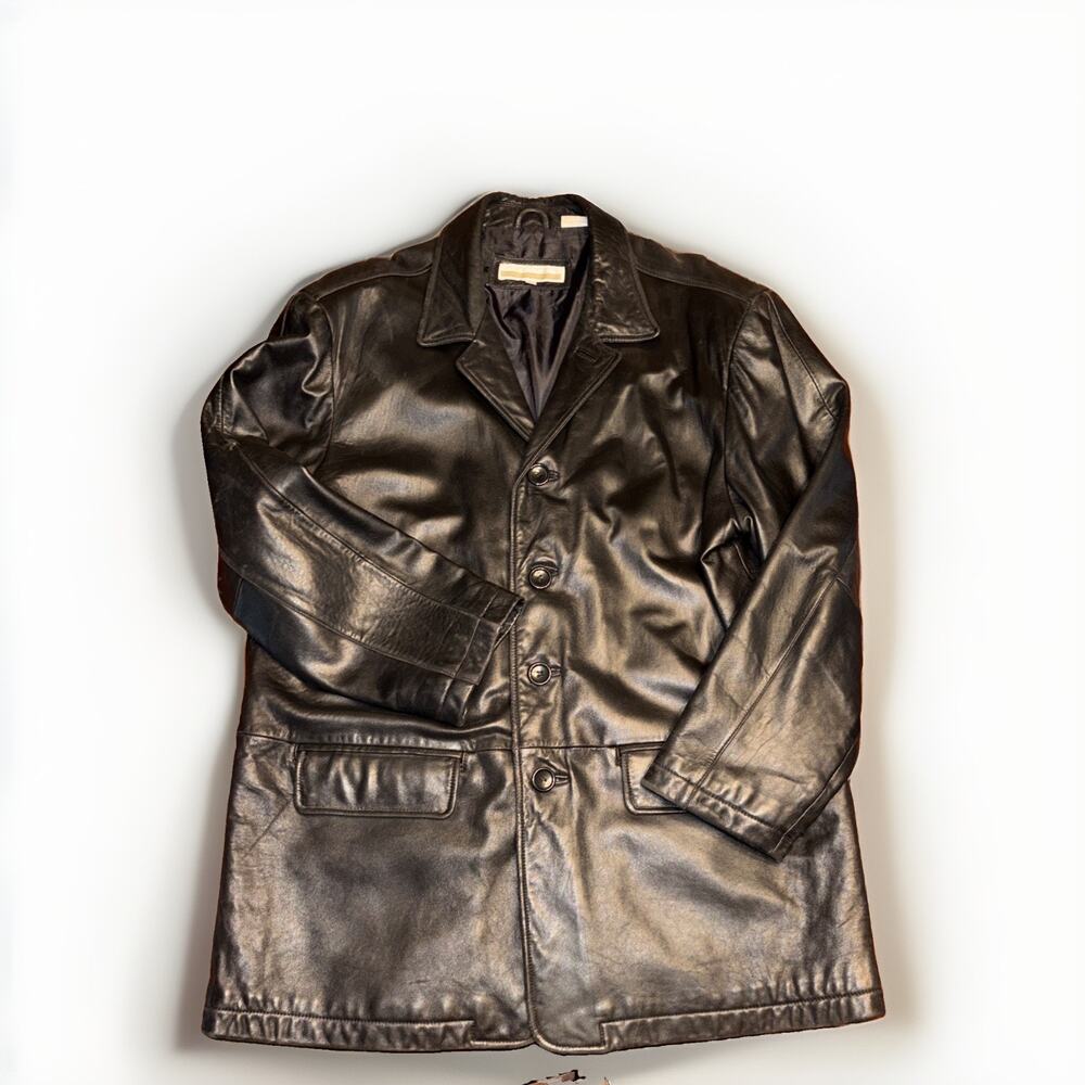 Vintage Perry Ellis Mens Leather Jacket Black Button Front Size XL